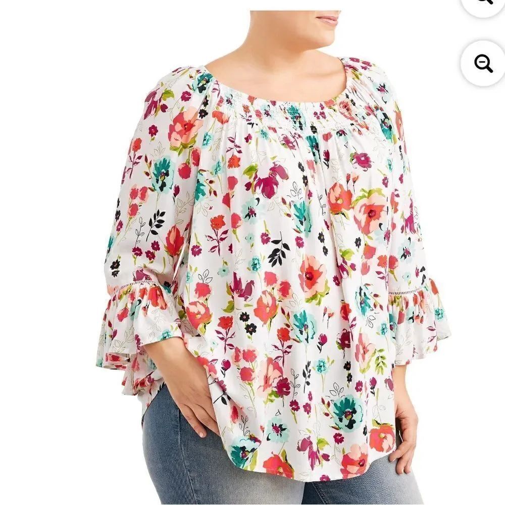Terra & Sky White Floral lightweight soft woven knit fabric, 3/4-length sleeves